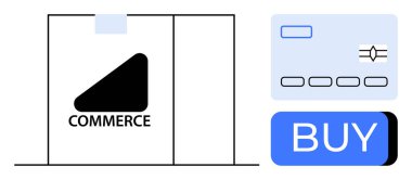 Bir kredi kartı ikonu ve mavi bir satın alma düğmesinin yanındaki dükkan vitrininde. E-ticaret, çevrimiçi alışveriş, perakende satış, dijital işlemler, ödeme işlemleri, fintech, web tasarımı için ideal. Çizgi