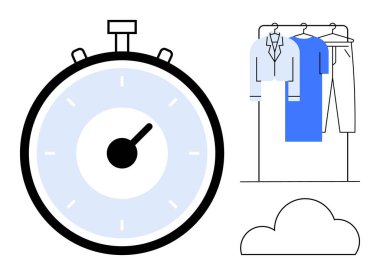 Mavi ve beyaz elbiseli ve bulut şekilli elbise askılığının yanında büyük bir kronometre. Zaman yönetimi, organizasyon, moda planlaması, verimlilik, etkinlik planlaması için ideal