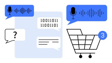 Ses dalgası simgeleriyle konuşma baloncukları, ikili kod ve bir soru işareti de dahil olmak üzere mesaj alışverişi, tebligatlı bir alışveriş arabasının yanında. E-ticaret, yapay zeka teknolojisi, dijital pazarlama için ideal