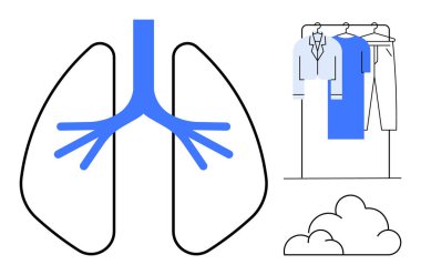 Human lungs outline with blue bronchial tree, clothes on a rack, and clouds. Ideal for health, respiratory, hygiene, environment, clean air fresh living wellness themes. Line metaphor clipart