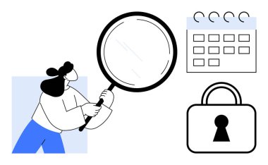 Elinde büyüteç tutan bir kadın, takvim ve asma kilidi araştırıyor. Güvenlik, organizasyon, zaman yönetimi, planlama, soruşturma, gizlilik koruma verimliliği için idealdir. Satır metaforu