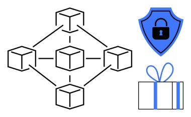 Birbirine bağlı küp ağları, kilit sembollü mavi kalkan, kurdeleli hediye kutusu. Engelleme zinciri, veri güvenliği, merkezi olmayan sistemler, siber güvenlik ve teknoloji için ideal