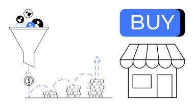 İnsanları madeni paraya filtreleyen huni diyagramı yığınla para dizisi, satın alma tuşu ve mağaza vitrininde büyüyen madeni paralar. E-ticaret, satış dönüşümü, lider nesil, dijital pazarlama, iş için ideal
