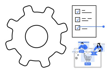 İşlemler için vites, görevler için kontrol listesi, satın alma düğmeli el arabası, alıcılar etkileşimde. İş süreçleri, görev yönetimi, üretkenlik, çevrimiçi alışveriş, e-ticaret işlemleri için ideal dijital