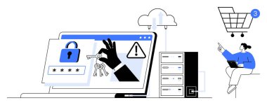 Bilgisayarın üstünde anahtar, kilit, uyarı sembolü ve kullanıcı bulut ve alışveriş arabasını işaret ediyor. Siber güvenlik, e-ticaret, çevrimiçi işlemler, veri koruması, bilişim altyapısı için ideal