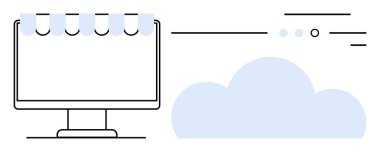 Çevrimiçi vitrin olarak tenteli, bulut silueti ve dairesel noktaları olan masaüstü monitörü. E-ticaret, bulut hesaplama, çevrimiçi iş, teknoloji hizmetleri, dijital pazarlama, web tasarımı için ideal