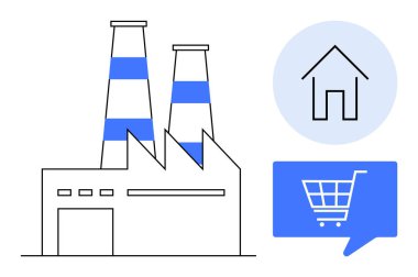 Tütsülü fabrika binası, mavi daireli ev sembolü ve mavi konuşma balonunda alışveriş arabası. Üretim, endüstriyel kalkınma, ev ekonomisi ve e-ticaret için ideal
