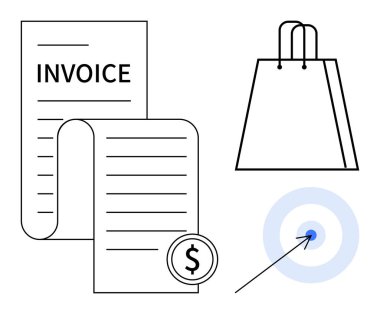 Alışveriş torbası, fatura makbuzu ve dolar sembolü ve ok ile hedef. E-ticaret, mali takip, bütçe, pazarlama stratejileri, perakende analizi, müşteri işlemleri için ideal