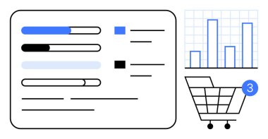 İlerleme çubukları, bar çizelgesi, tebligatlı alışveriş arabası ikonu. E-ticaret, satış analizi, envanter takibi, müşteri ilişkileri, iş büyümesi, veri görselleştirme kullanıcı arayüzü için ideal