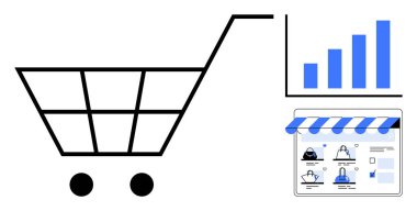 Alışveriş arabası, bar grafik analizi ve çevrimiçi mağaza önü elemanları. E-ticaret, pazarlama, perakende yönetimi, iş büyümesi, pazar analizi, satış stratejisi çevrimiçi alışveriş temaları için ideal