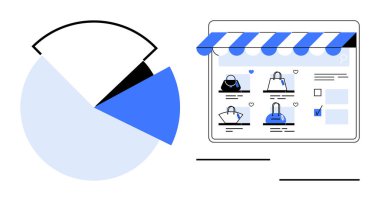 El çantaları sergilenen bir e-ticaret mağazasının yanındaki veri analizini gösteren bir pasta grafiği. Veri görselleştirme, iş stratejisi, pazar analizi, perakende, e-ticaret, çevrimiçi alışveriş için ideal