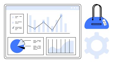 Bir alışveriş çantası ve teçhizatın yanında çubuk grafikler, çizelgeler ve pasta grafikleri gösteren dijital gösterge paneli. Perakende, satış, veri analizi, e-ticaret, performans takibi, envanter yönetimi için ideal