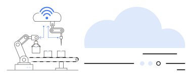 Bulut verilerine bağlı robot kol taşıma bandı üzerinde ürünleri birleştiriyor. Sektör 4.0, IoT, otomasyon üretimi, akıllı fabrikalar, bulut hesaplama, uzaktan izleme, dijital