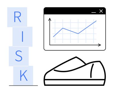 Yığılmış RISK blokları, yükselen grafikler, resmi ayakkabı simgesi. İş stratejisi, risk yönetimi, mali büyüme, üretkenlik, kurumsal eğitim, proje planlaması ve performans için ideal