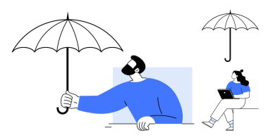 Korunmak için şemsiye tutan adam ve dizüstü bilgisayarı olan kadın. Güvenlik, destek, üretkenlik, uzak çalışma, işbirliği, koruma ve iş dayanıklılığı konuları için ideal. Çizgi