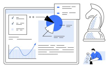 İş ekibi dizüstü bilgisayardaki verileri ve şemaları analiz ediyor. Stratejik hamleleri sembolize eden bir satranç şövalyesi. İş analizi, stratejik planlama, üretkenlik, takım çalışması, veri güdümlü