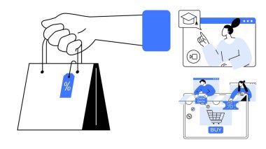 İndirim etiketli el çantası e-öğrenme videosundaki şahıs ve online alışveriş arabalı bilgisayar ekranı. E-ticaret için ideal, sanal öğrenme, dijital pazarlama, müşteri