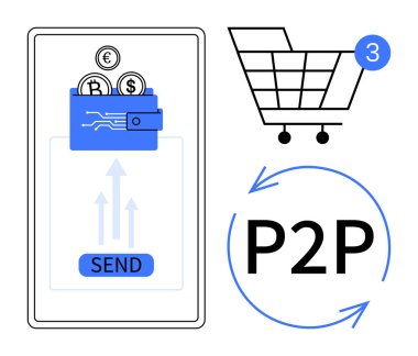 Dijital cüzdanlı mobil cihaz, üç adet bozuk para, üç parçalı alışveriş arabası, ve P2P dairesel oklar. E-ticaret, fintech, dijital işlemler, çevrimiçi alışveriş, eş-dost alışverişi için ideal