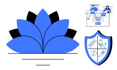 Mavi renkli çiçek, DNA ve şırınga gibi sağlık sembolleri içeren kalkan ve alıcıların alışveriş yaptığı e-ticaret alışveriş arabası ikonu. Sağlık, sağlık, alışveriş, e-ticaret için ideal