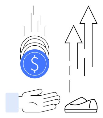 Yukarıyı işaret eden oklar ve dolar işaretleriyle bozuk para yakalamak. Finans, yatırım stratejileri, ekonomik büyüme, dijital para birimi, gelir artışı, tasarruf planları ve pazar için ideal