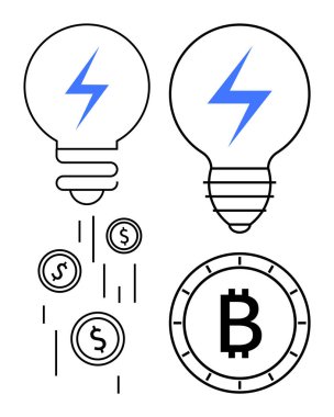 Elektrik sembollü ampuller bir tarafa düşen bozuk paraları, diğer tarafa da Bitcoin sembolünü yayar. Finans, kripto para birimi, yenilik, teknoloji, yatırım, enerji ve ekonomi için ideal