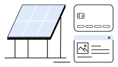 Tribünlü güneş paneli, kredi kartı ve içinde resim ve metin olan tarayıcı penceresi. Çevre dostu teknoloji, finans hizmetleri, dijital pazarlama, web tasarımı, çevrimiçi ödeme, e-ticaret temiz enerji