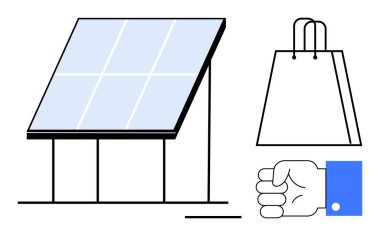 Güneş paneli enerji üretiyor, saplı alışveriş torbası ve el hareketi gösteriyor. Yenilenebilir enerji, e-ticaret, jestler, sürdürülebilirlik, çevre dostu alışveriş, temiz teknoloji için ideal