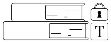 Yanında bir kilit ve T harfi olan iki kitap yığını. Edebiyat, bilgi güvenliği, eğitim, e-kitaplar, kütüphaneler, dijital haklar, mahremiyet için idealdir. Satır metaforu
