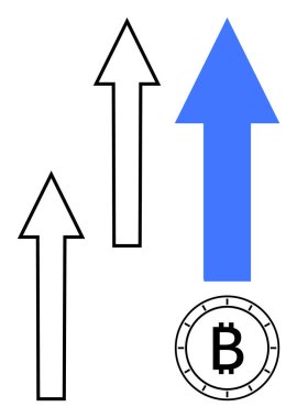 Bir mavi de dahil olmak üzere yukarı doğru üç ok, çemberdeki bir bitcoin sembolünün yanında. Mali, kripto para birimi büyümesi, yatırım stratejileri, piyasa analizleri, ekonomik eğilimler ve engel zinciri için ideal
