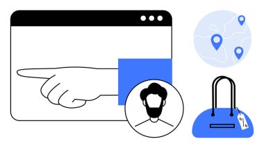 Ekranda kullanıcı profili simgesi, konum şifreli harita, fiyat etiketli çanta gösteren el işaretleri. Çevrimiçi perakende satış, kullanıcı etkileşimi, konum hizmetleri, ürün taraması, e-ticaret UX, dijital