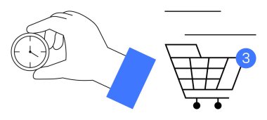 Elinde bir saat, yanında bir alışveriş arabası ikonu ve yanında da üç eşya var. E-ticaret, zaman yönetimi, çevrimiçi alışveriş, dakiklik, görev hatırlatıcıları, üretkenlik uygulamaları için ideal