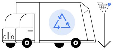 Geri dönüşüm sembollü teslimat kamyonu, tebligatlı alışveriş arabası ikonu, aşağı doğru ok. Sürdürülebilirlik, e-ticaret, lojistik, sipariş izleme, çevre dostu dağıtım, çevrimiçi alışveriş için ideal