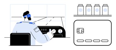 Mavi üniformalı ve güneş gözlüklü pilot uçak kontrollerini ayarlıyor, yakındaki kredi kartı terminali, ve birden fazla şişesi olan raf. Havacılık, işlemler, e-ticaret, lojistik ve teknoloji için ideal