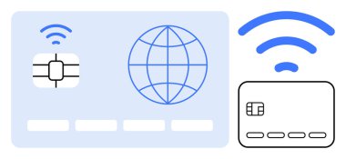 Çipli iki kredi kartı ve temassız ödeme sinyali. Finans, ekommerce, fintech, güvenlik, teknoloji, bankacılık ve bağlantısız işlemler için ideal. Satır metaforu