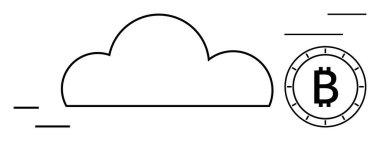 Hareketi gösteren çizgilerle çevrili Bitcoin sembolünün yanında bulut çizgisi. Engelleme zinciri, fintech, dijital işlemler, kripto para birimi, bulut depolama, veri yönetimi, teknolojik yenilik için ideal