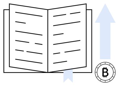 Bitcoin sembolüyle birlikte kitap ayracı ve yukarı doğru ok ile kitabı aç. Finans, eğitim, kripto para birimi eğilimleri, engelleme teknolojisi, yatırım büyümesi, akademik araştırma, dijital para birimi