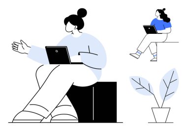 Uzaktan kumandalı bilgisayarlarla uğraşan iki kişi. Bir kişi bir kutunun üstüne oturdu, diğeri de yüksek bir yüzeye hem de günlük kıyafetlerle. Bitki doğal dokunuş katar. Uzak çalışma ve iletişim için ideal