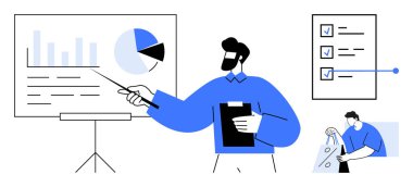 Çizelgede işaretleyici, pano, işaretli eşyalarla kontrol listesi ve ekibe danışmanlık yapan bir adam var. İş toplantıları, proje yönetimi, veri analizi, planlama ve eğitim için ideal