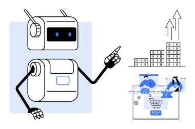 Yapay zeka robotu, satın alma düğmeli alışveriş arabası, büyüyen okları olan binalar. Teknoloji, e-ticaret, otomasyon, iş büyümesi, veri analizi, online alışveriş trendleri için ideal. Çizgi