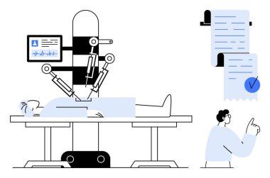 Ameliyat masasındaki bir hastaya robot cerrahi bir makine eşlik eder. Bir doktor duvara monte edilmiş ekrandaki tıbbi verileri inceliyor. Tıbbi teknoloji için ideal, cerrahi robotik, dijital sağlık