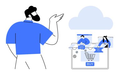 Bir satın alma düğmesi, bulut grafiği, nakit para teklifleri ve ek indirimler ile dijital alışveriş arayüzüne doğru hareket eden bir adam. E-ticaret, çevrimiçi alışveriş, bulut hizmetleri, teknoloji için ideal