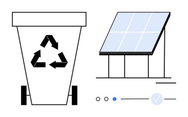 Güneş panelinin yanında geri dönüşüm sembolü olan geri dönüşüm kutusu. Sürdürülebilirlik, atık yönetimi, temiz enerji, yeşil teknoloji, çevre dostu girişimler, çevre eğitimi için ideal