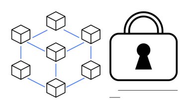 Birbirine bağlı küpler güvenliği temsil eden bir asma kilit ikonu ile bir engelleme ağı oluşturuyorlar. Engelleme zinciri, güvenlik kavramları, şifreleme, veri koruması, dağıtılmış defter, güvenlik için ideal