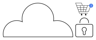 Bulut şekli depolama konseptini belirlerken asma kilit güvenliği belirtir. Tebligatlı alışveriş arabası üç öğe gösteriyor. Veri güvenliği, e-ticaret, dijital depolama, çevrimiçi alışveriş için ideal
