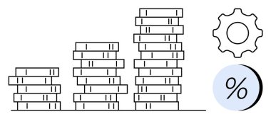 Bir dişli ve yüzde sembolünün yanında madeni para yığınları soldan sağa doğru yükselir. Finans, yatırım, büyüme, iş, ekonomik planlama, tasarruf stratejileri ve kâr analizi için ideal