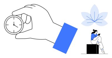 El ele tutuşan saat, kutuda kitap okuyan kadın ve soyut çiçek üretkenlikte dengeyi temsil ediyor. Zaman yönetimi, üretkenlik, farkındalık, öz bakım, iş-yaşam dengesi, rahatlama için ideal