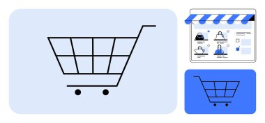 Alışveriş arabası simgesi, fayanslı bir çevrimiçi mağaza önü arayüzünün yanında. E-ticaret, çevrimiçi alışveriş, perakende sektörü, dijital pazarlama, kullanıcı deneyimi, web tasarımı ve tüketim için ideal. Çizgi