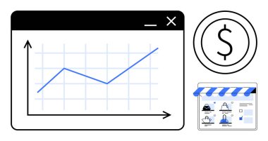 Tarayıcı penceresindeki çizgi çizelgesi finansal büyüme dolar işaretinin parasal başarı e-ticaret mağazası simgesi vurgulandığını gösteriyor. Finans, yatırım ve e-ticaret için ideal