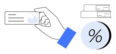 Elinde bir kartvizit, iki kitap yığını ve açık mavi yarım daire arkaplanda bir yüzde işareti var. Eğitim, finans, iş, pazarlama, kimlik ve indirimler için ideal