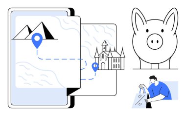 Dijital harita dağlardan tarihi bir binaya seyahat rotasını gösteriyor. Büyük domuz kumbarası birikimleri simgeliyor. Alışveriş torbalarını kontrol eden adam. Seyahat, tasarruf, planlama, bütçe ve turizm için ideal